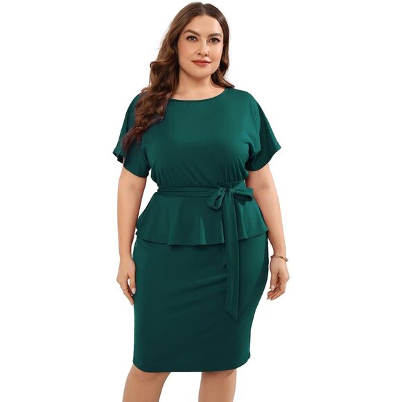 Women Plus Size Bodycon Midi Dress Elegant Peplum Cocktail Work Office - Picture 1 of 5